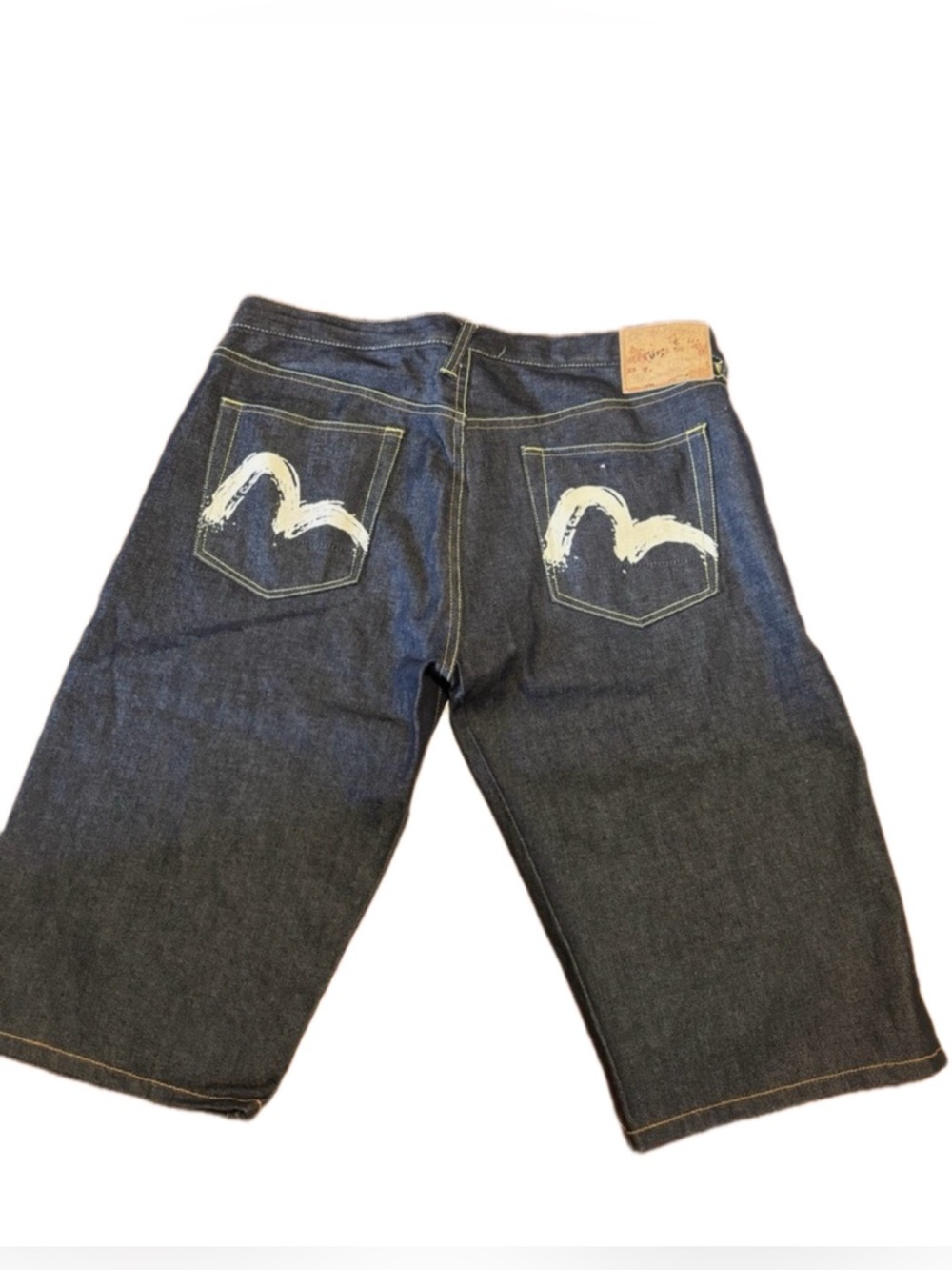 Evisu Dark Indigo Denim Jorts with Yellow Stitching | Y2K Jean Shorts